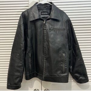 GUESS Faux Leather Moto Jacket Black Zip Pocket Biker Style Size L